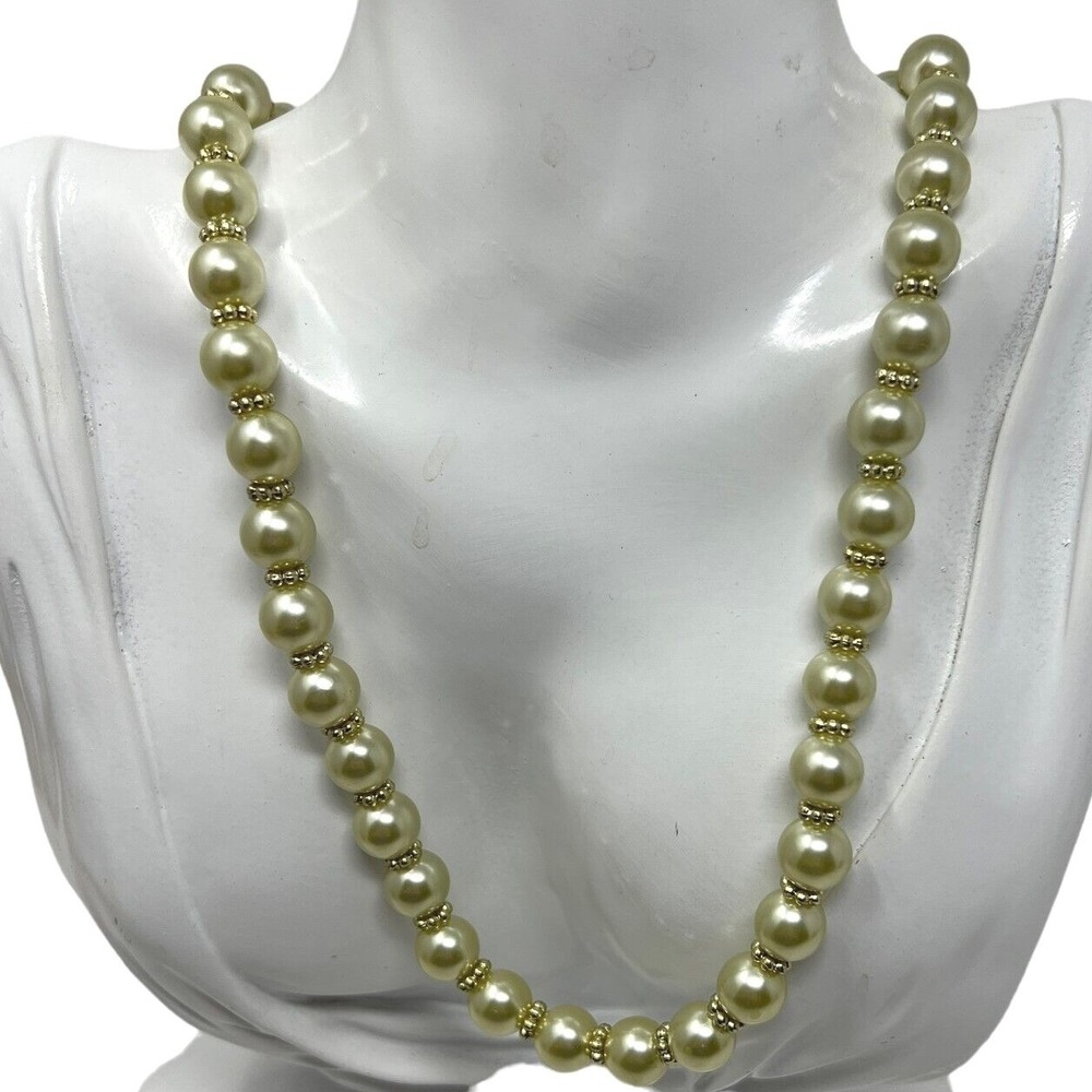 Vintage Faux Pearl Necklace with Gold Tone Spacers Adjustable